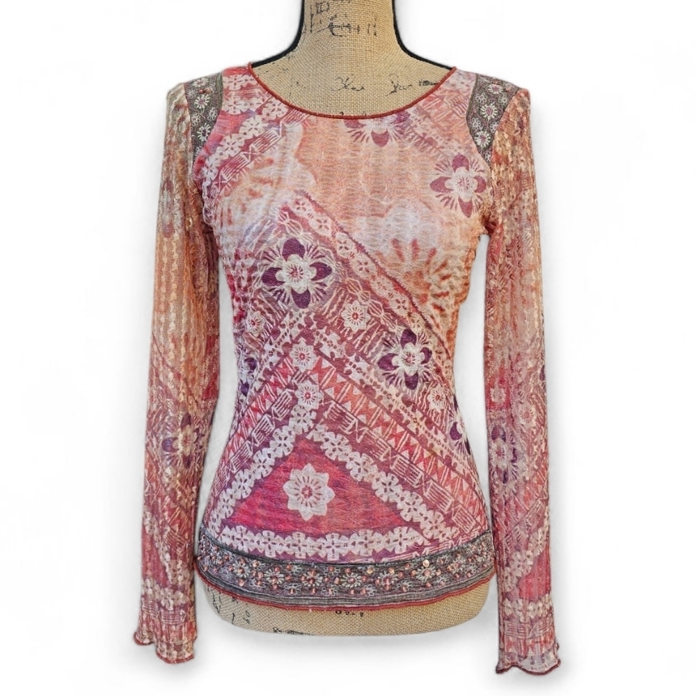 M By Amour Y2K Sheer Mesh Floral Print Long Sleeve Boho Chic Top, Size M